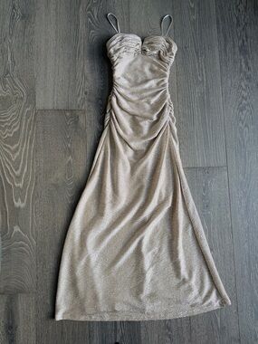 Hailey Adrianna Papell Strapless Sweetheart Neckline Ruched Gold Shimmer Dress